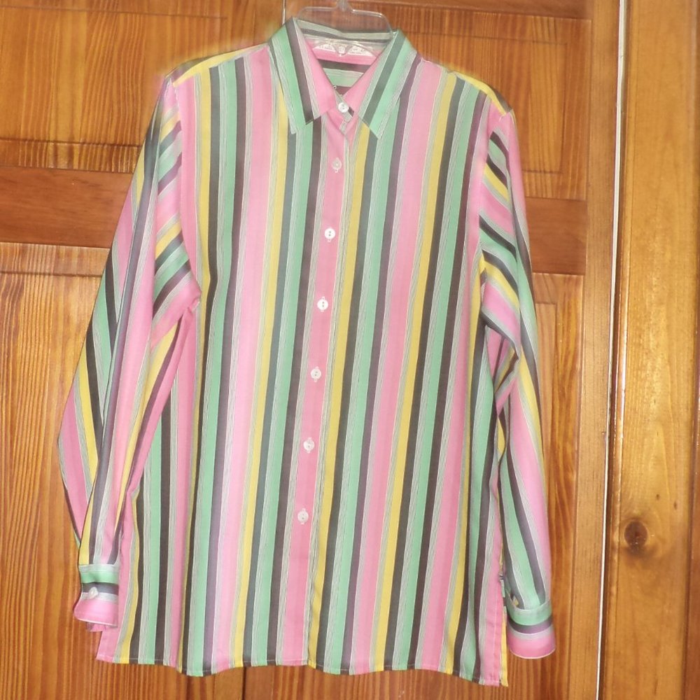 FOXCROFT multi color strip L/S button front shirt sz 6 petite